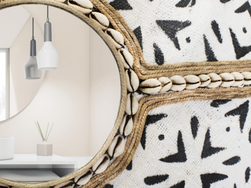 African Shield Mirror Design With MudCloth and Cowrie Cross African Shield Mirror Design With MudCloth and Cowrie Cross